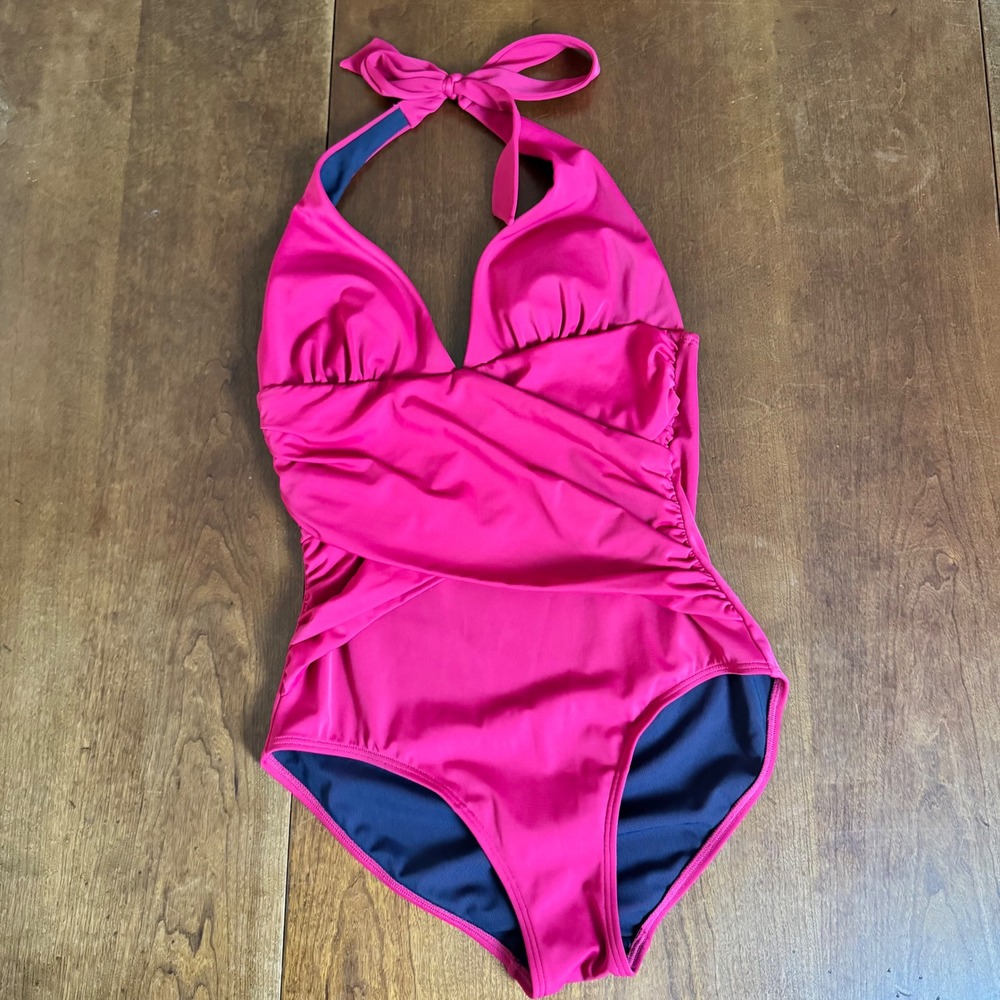 Boden One Piece Swimsuit Womens 4 Pink Excellent Ruched Halter Crossover S0045